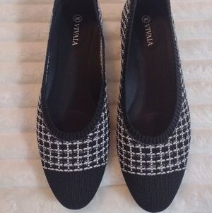 New Vivaia Black Silver Ballet Flats Women 38.5/US 8 Tweed Houndstooth Tamia